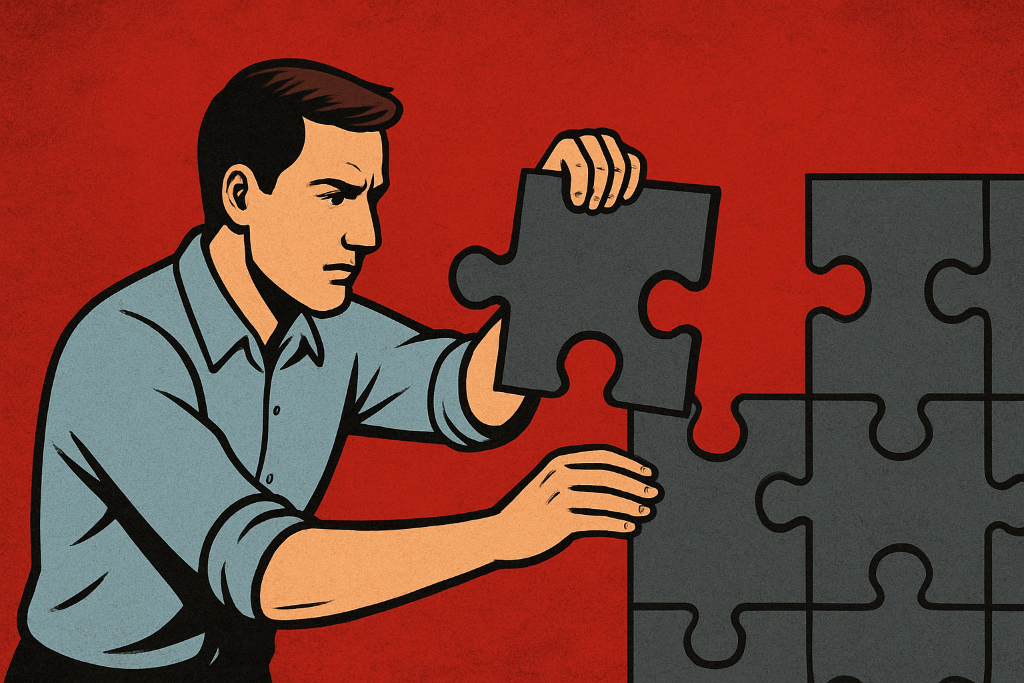 Illustration of a focused man solving a large puzzle piece on a red background, symbolizing problem-solving under pressure, adaptability and resilience
